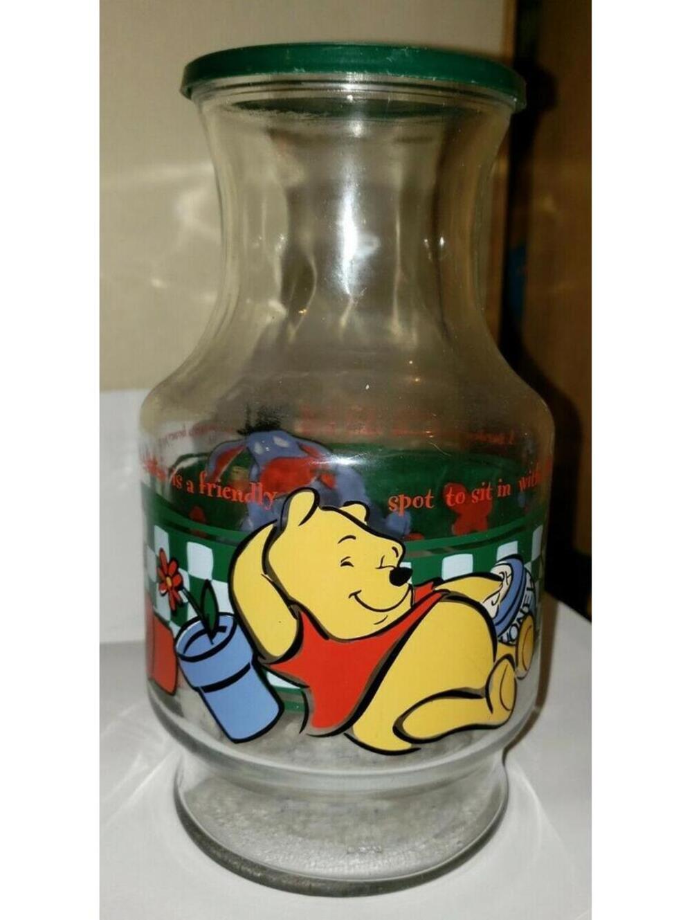 Vintage Winnie The Pooh Glass Jug With Lid Collectible Storage Jar